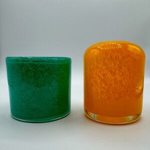 Yellow and Teal Murano Style Votive/Vase Set of 2 *See Description*